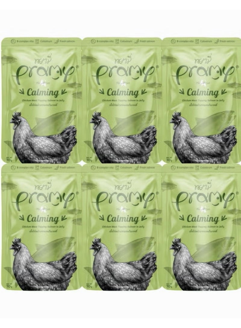 Pramy Wet cat food with chicken and salmon flavor for all ages - 6 envelopes weighing 70 grams - natural soothing for cats - supports relaxation and general health - Image 1